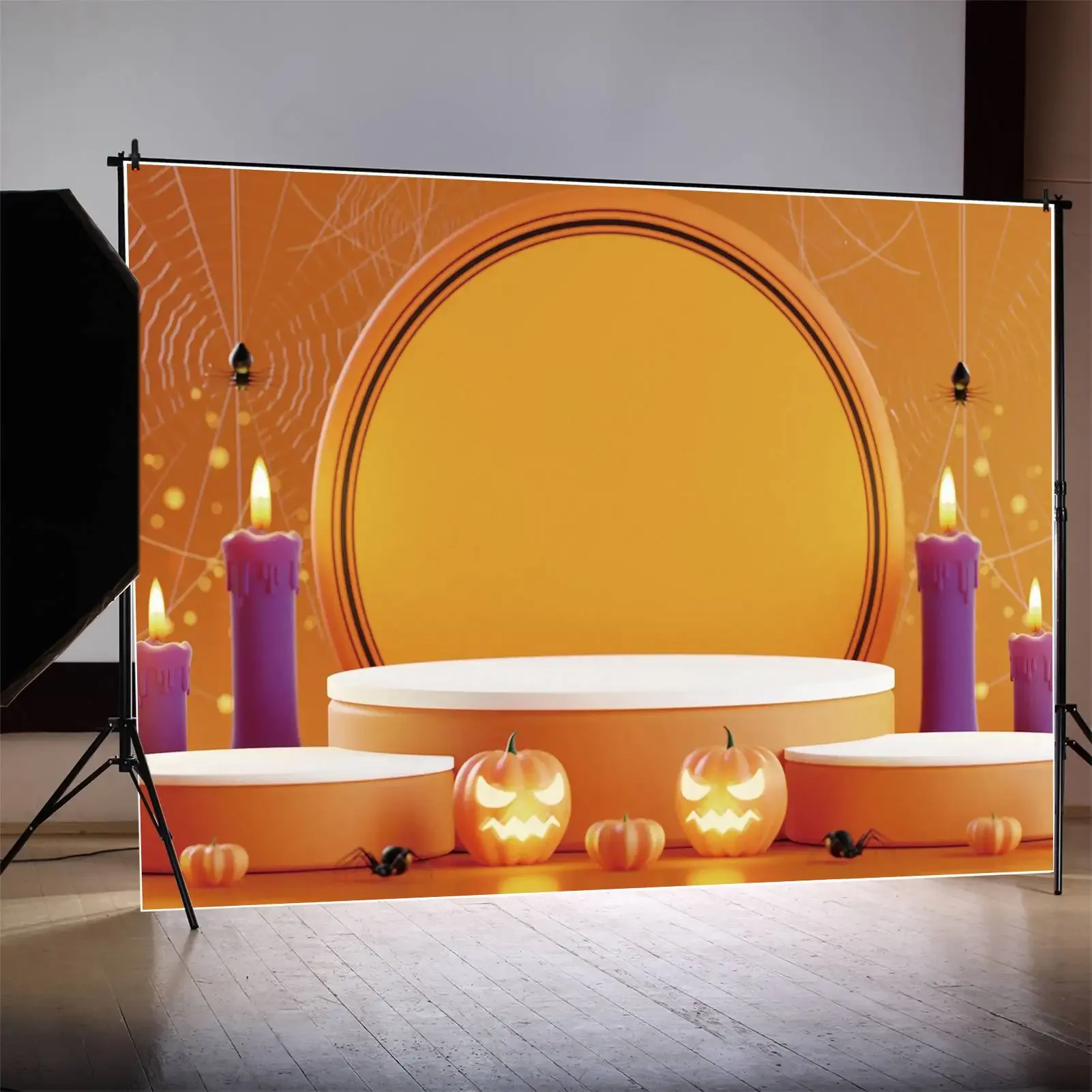 MOON.QG Backdrop Halloween Arches Party Stage Candle Light Jack O Lantern Background for Photography Spider Web Wall Decorations