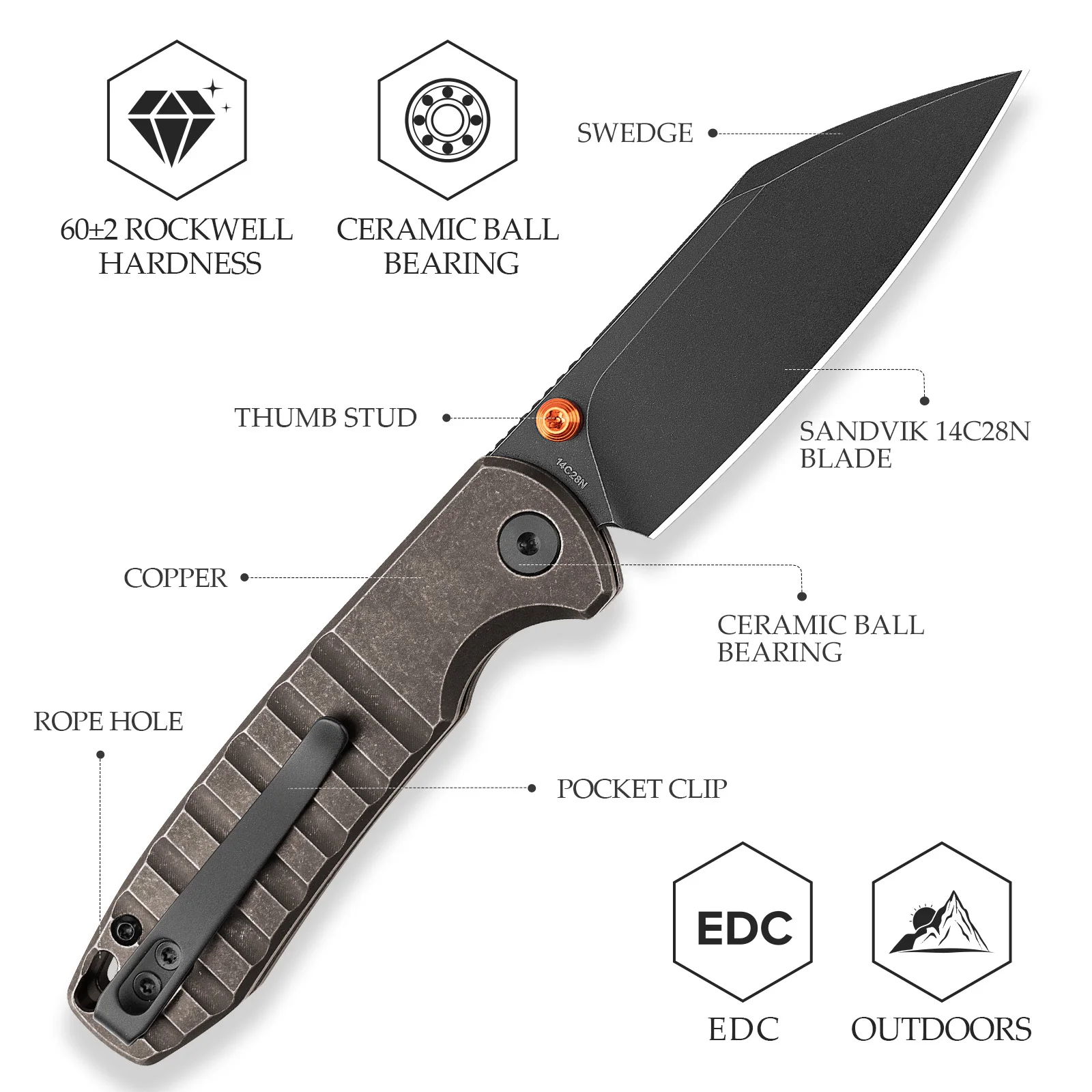 TRIVISA Folding Knives Pocket Knife Hight and EDC for Men 14C28N Blade Copper Handle Hunting  Fishing Outdoor Camping  Multitool