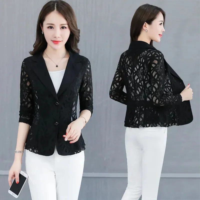 Summer Casual Blazer Jacket 2024 New Single-Breasted Suit Collar Women\'s Clothes Coat Solid Colour Fashion Lace Outeawer Female