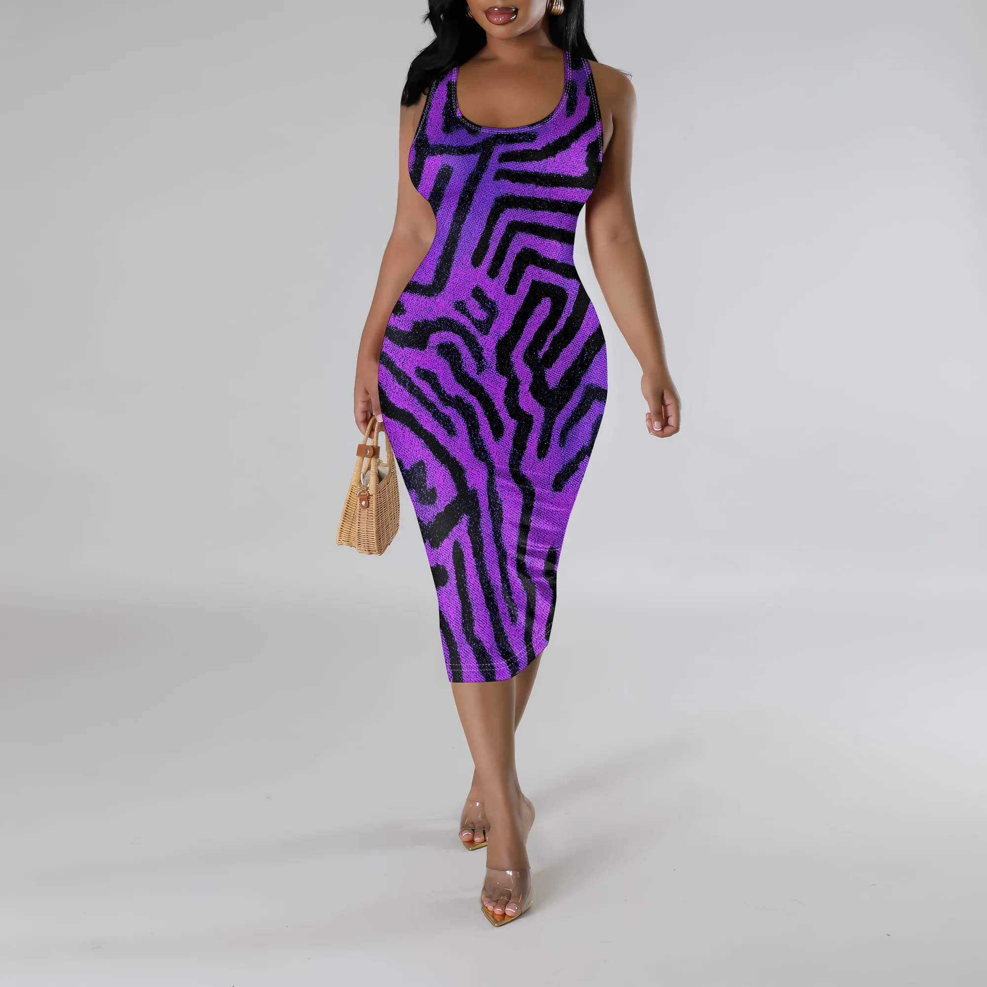 

Women's Sleeveless Bodycon Midi Dress, 2025 New Fashion U Neck Abstract Zebra Print Slim Fit Party Clubwear Sheath Dress XS-3XL