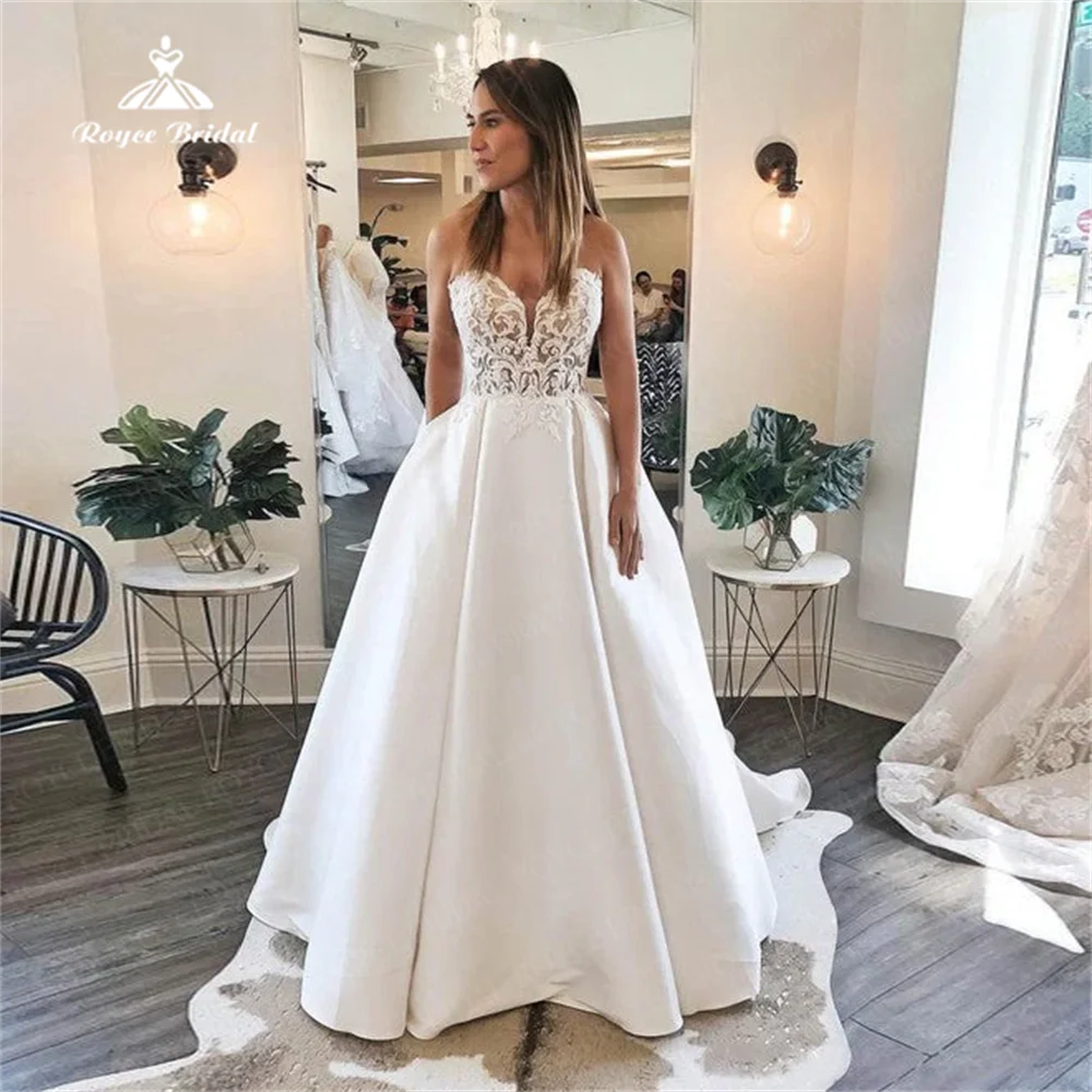 Vestido de novia de satén sin mangas para mujer, traje elegante con apliques de encaje, escote Corazón, 2024