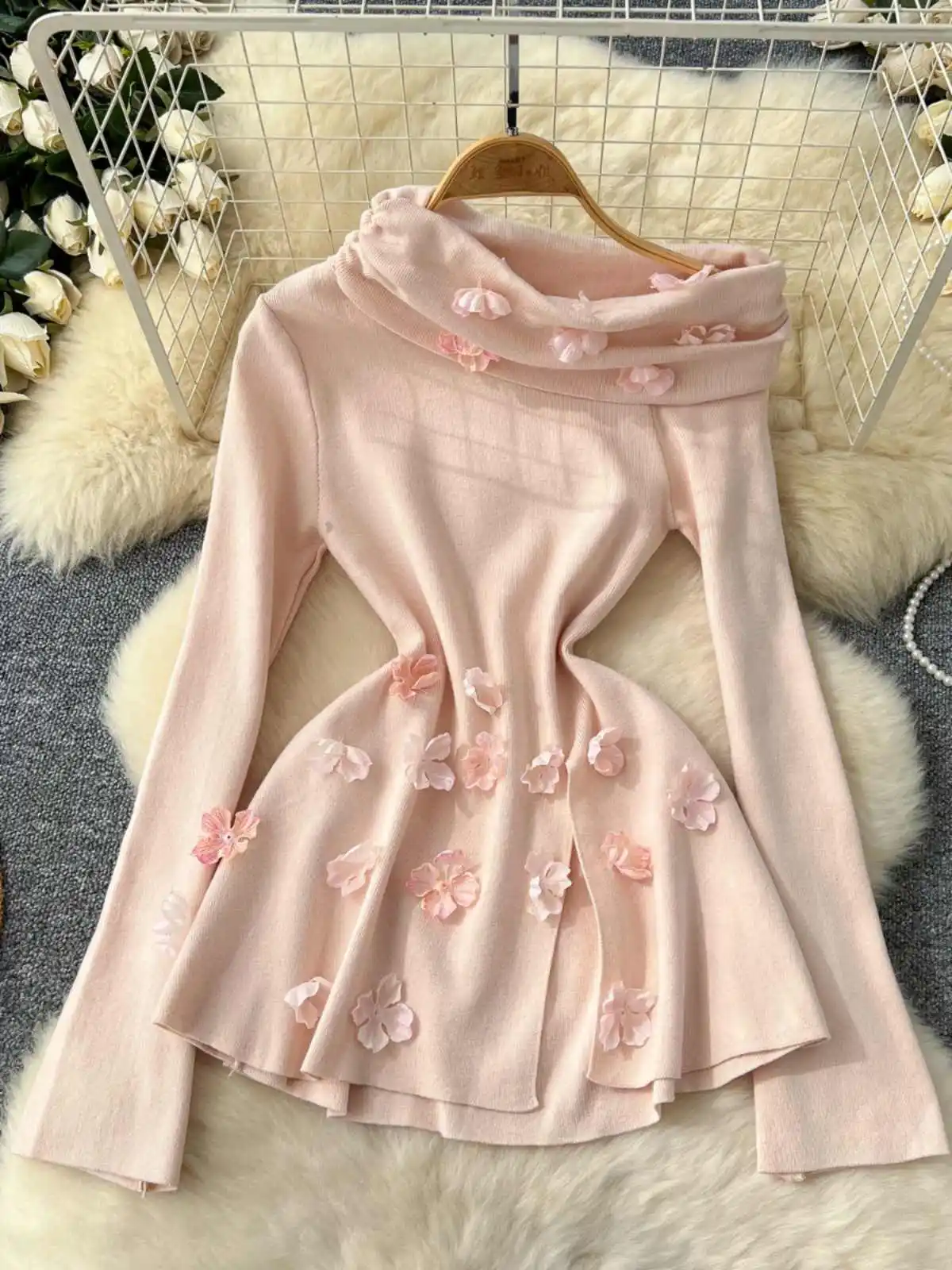 French Slash Neck Long Sleeve Tops for Women Autumn Irregular Small Flower Design Lady Pullovers Female Commuter Knitwear