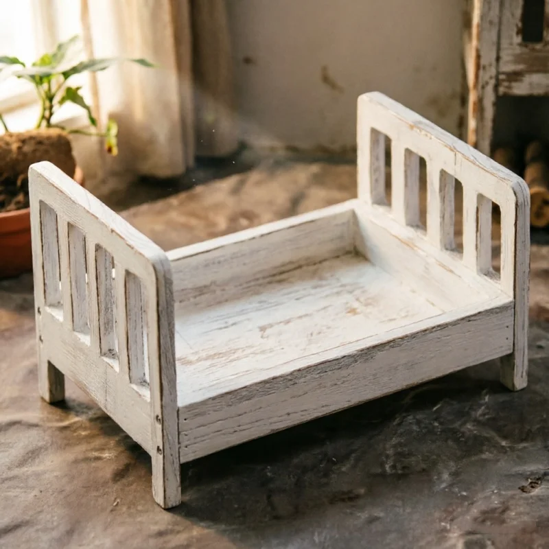 Infant Posing Sofa Retro Wood Bed Newborn Photography Props Detachable Background Baby Growth Memorial For Baby Boys Studio Use
