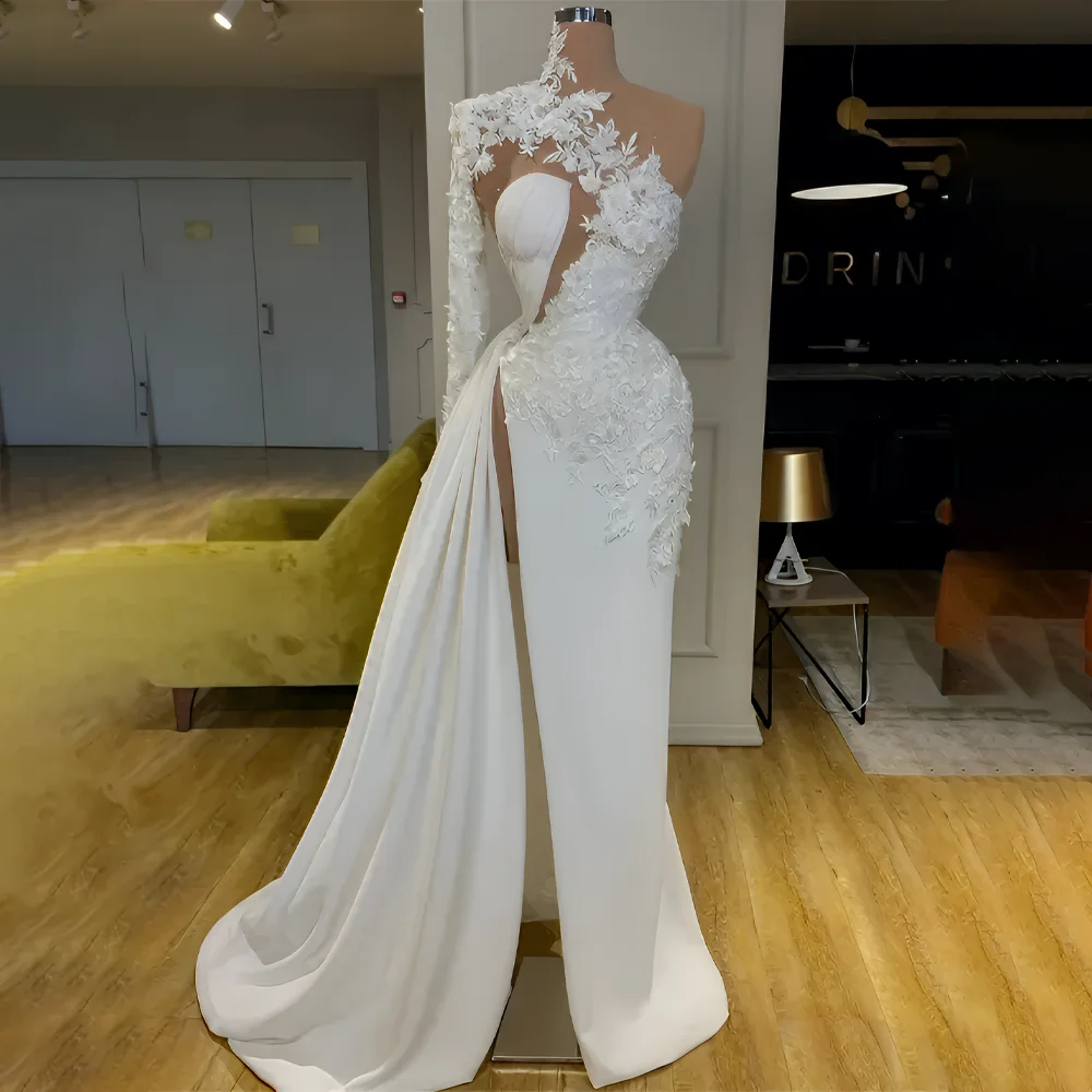 

LZPOVE Lace Applique Prom Dress High Neck One-Shoulder Sexy Side Split Evening Gown for Women Arabic Dubai Style Customized