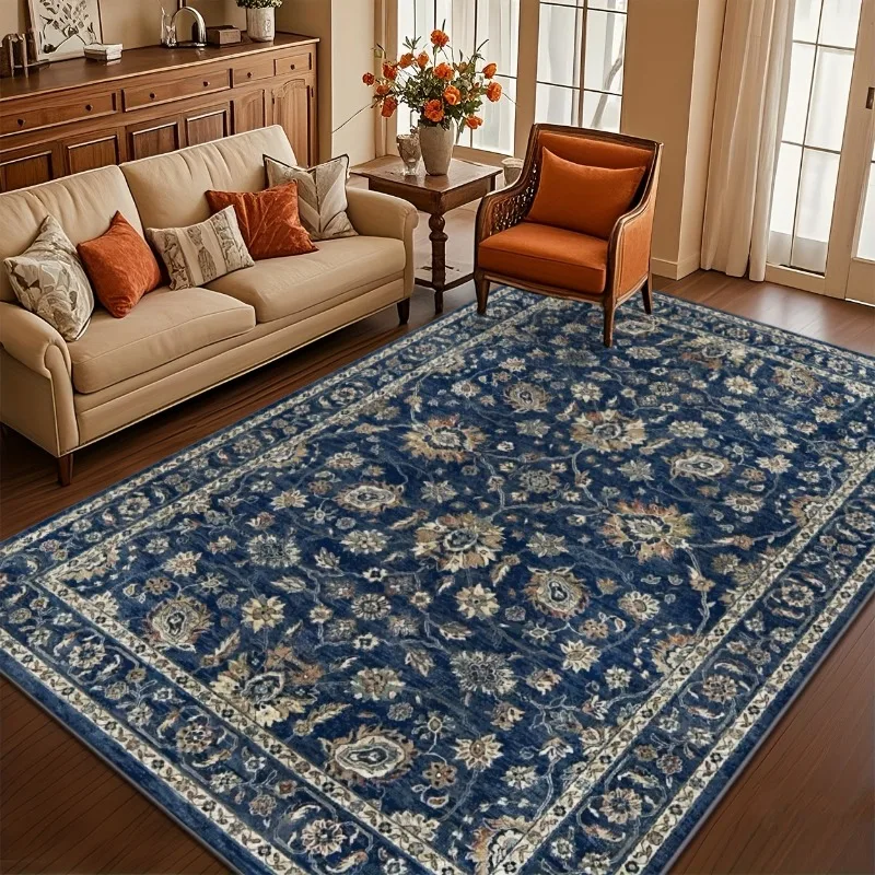 Classic Blue Vintage Floral Pattern Flannel Carpet Non Slip Area Rug for Living Room Bedroom Elegant Indoor Home Floor Decor Mat