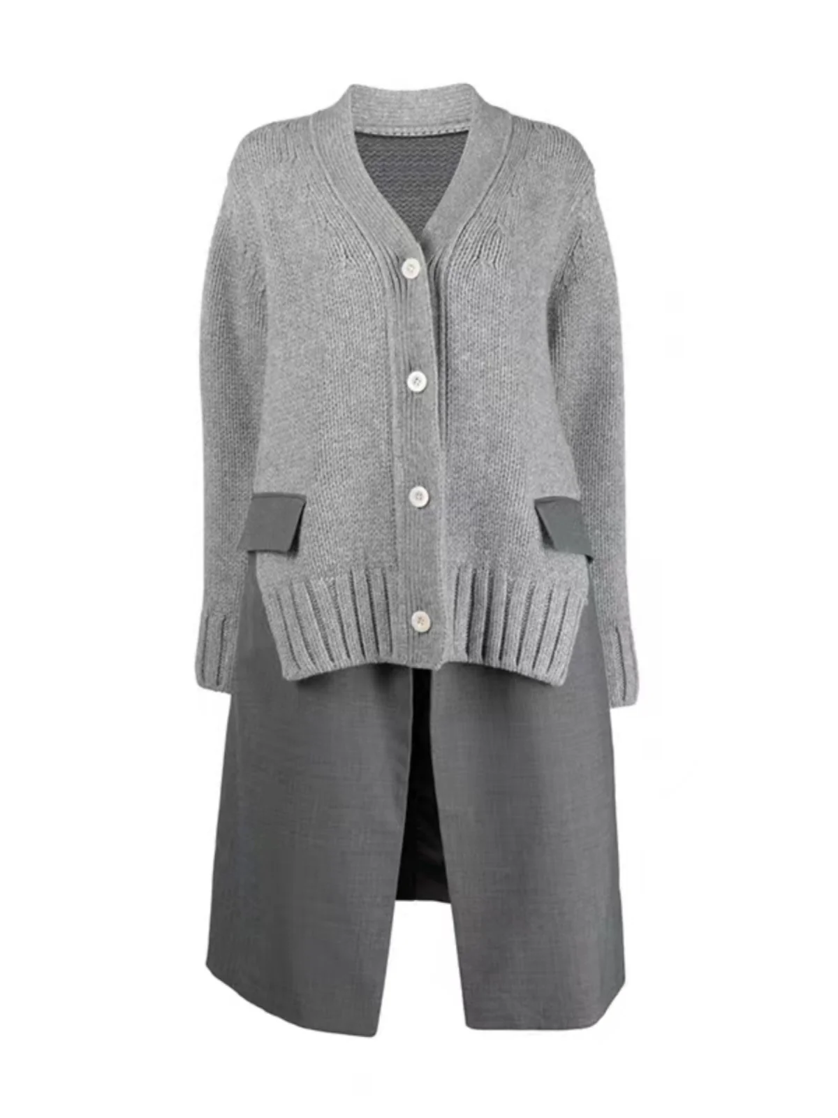 Fog Sacai Ss24 Japan Design Knitted Patchwork Suit Fake Two Pieces V-neck Cardigan Long Coat Dress