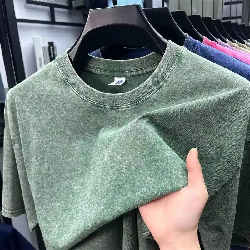 Summer Men's Washed 230G Heavy Cotton T-Shirts Vintage Faded Color Oversized Unisex Basic Tee Short Sleeve Loose Workout Tops