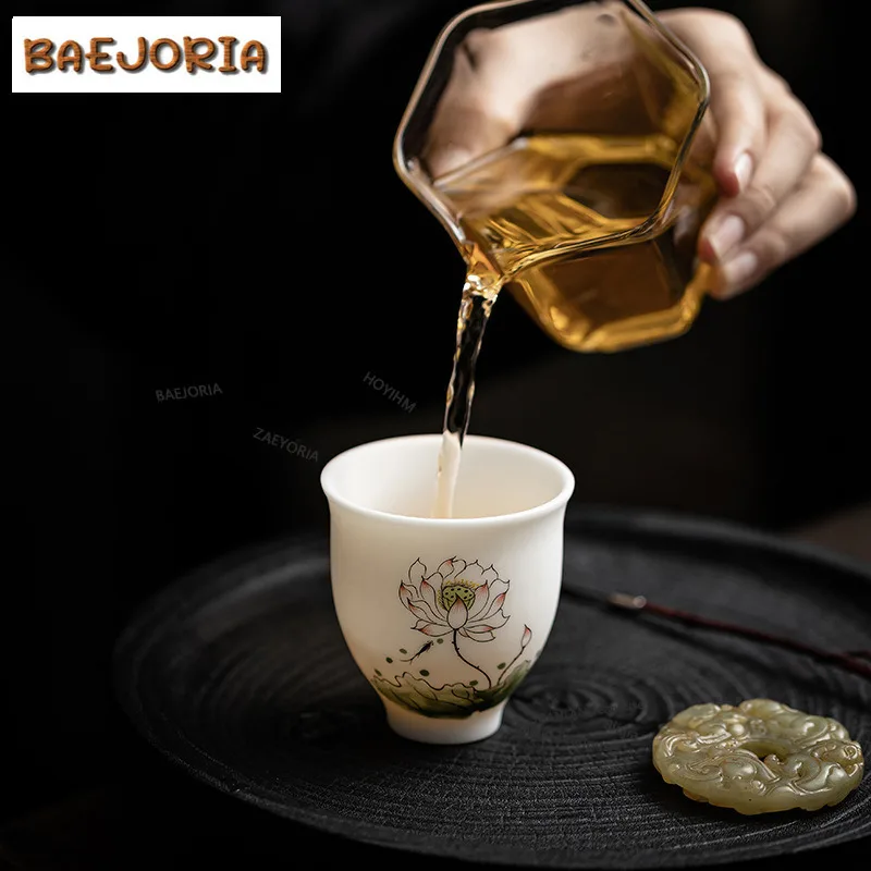 BAEJORIA 125ml Biscuit Firing Ice Jadeite Porcelain Hand Drawn Teacup Tea Bowl Tea Pair Tea-tasting Smelling Cup Master Cups Tea