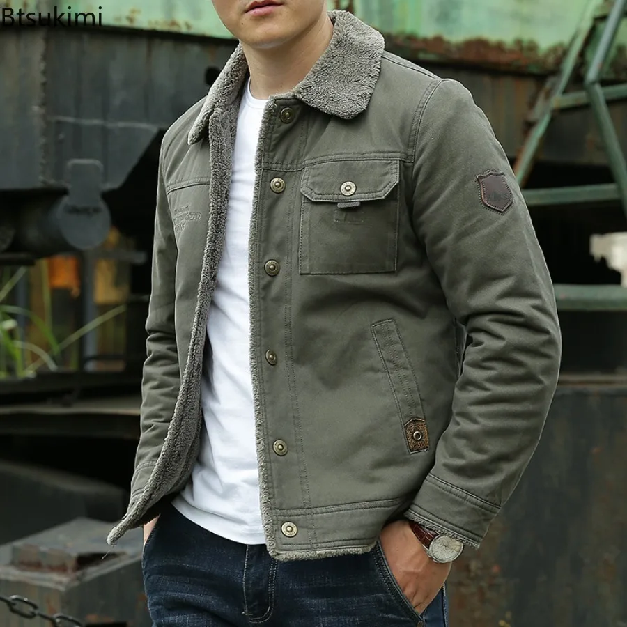 Men Autumn Winter Outdoor Casual Turn Down Collar Fleece Lined Jacket Thick Warm Windproof Multi Pockets Solid Outerwear Male