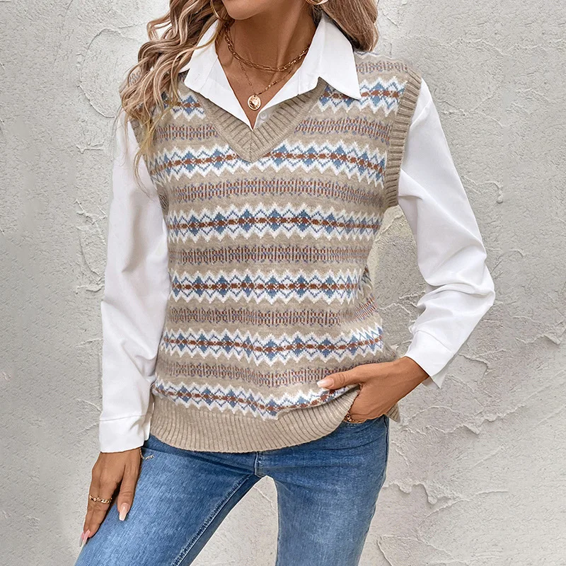 Women's Autumn Sleeveless Printed V-neck Top Ethnic Style Jacquard Knitted Keep Warm Vest