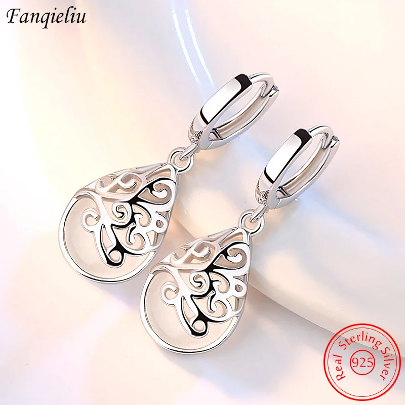 

Fanqieliu High Quality Jewelry New Woman's 925 Sterling Silver Water Droplet Opal Hollow Plant Drop Earrings Fashion FQL22168