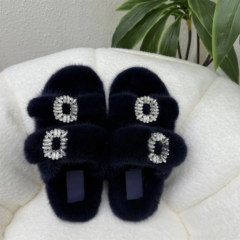 Echte Nerzfell-Damen-Slipper mit doppeltem Riemen, glänzender Strass-Schnalle, luxuriöse, flauschige Sandalen, warme Winter-Hausschuhe für drinnen und draußen, flache Schuhe – Detail 3