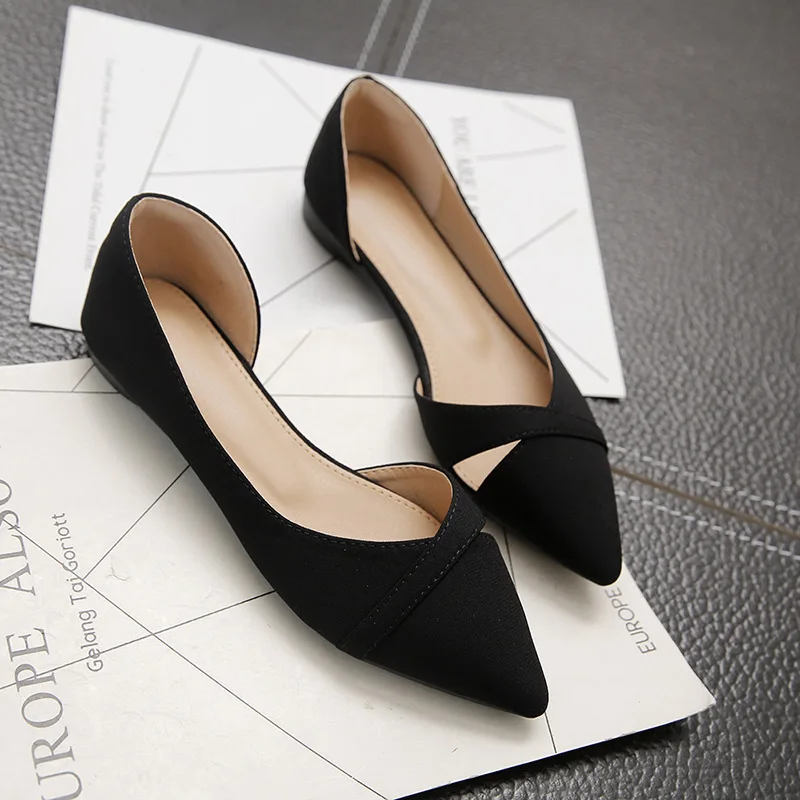 Women Flat Shoes Pink Black Solid Color Suede Pointed Toe Office Ladies Flat Heels Zapatos Para Mujer