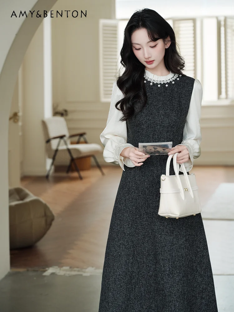 

Autumn Winter French Light Luxury Style Gray Round Neck Long Sleeve Dress Short Beaded High-end Cardigan Coat Two-piece Set