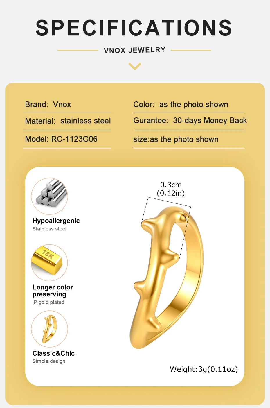 Vnox Einzigartiger Vintage-Dornenring für Frauen, vergoldeter Edelstahl, geometrischer Fingerring, minimalistischer Punk-Schmuck, tägliche Geschenke – Detail 4
