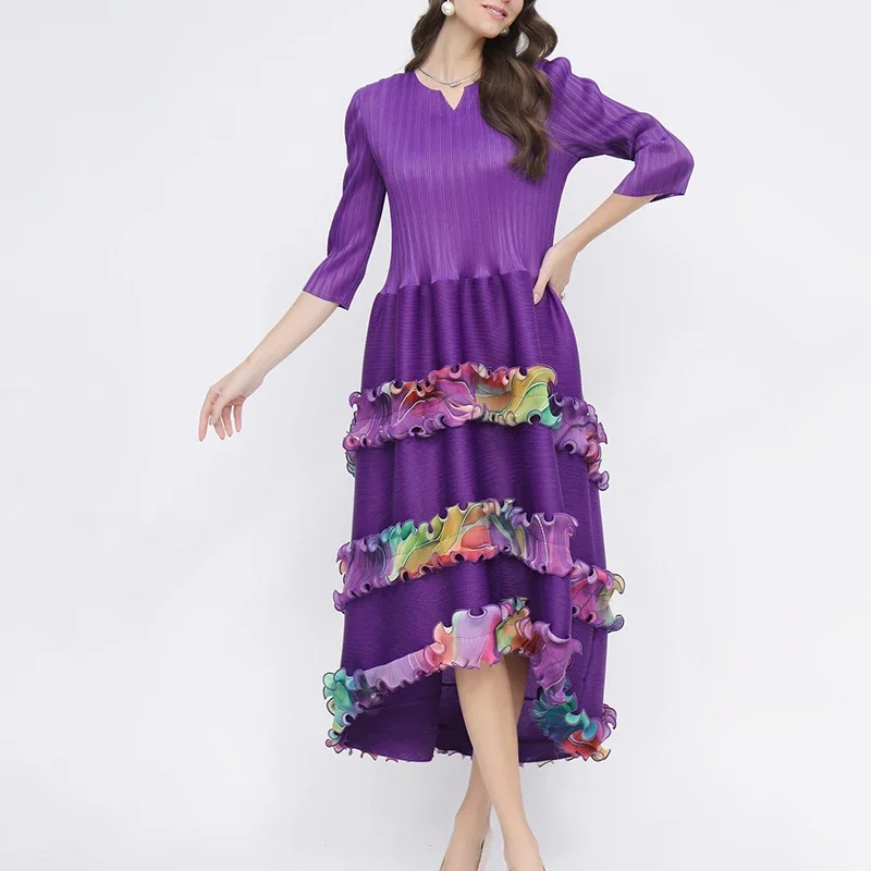 

2025 Summer New Wave Miyake Fashion Casual Pleated Dress Women's Loose Peplum Round Neck Long Sleeve High Waist A-Line Dress