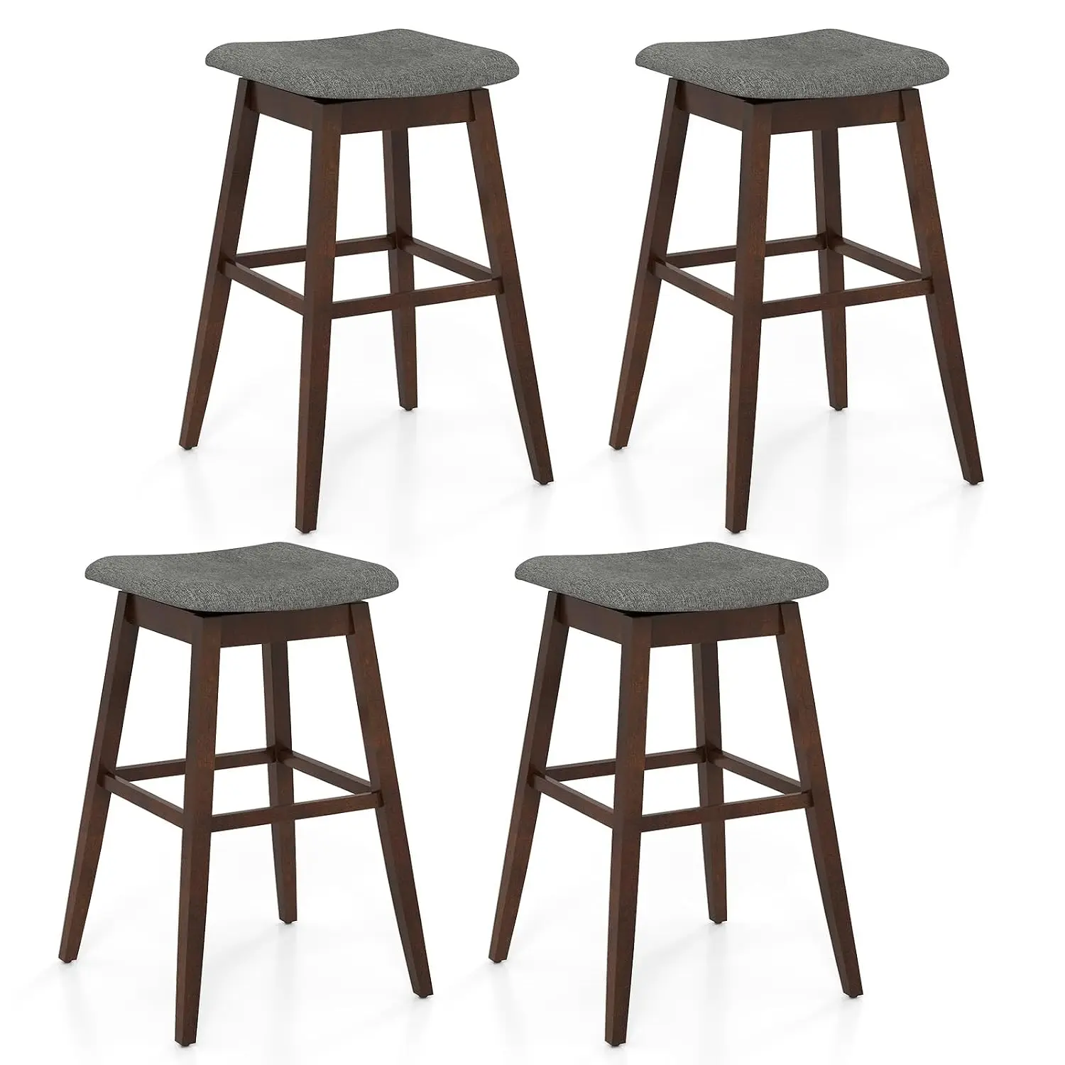 Backless Swivel Bar Stools 4-Pack, 30-inch Padded Seat, Rubber Wood Legs & Footrest, Linen Kitchen Counter Stool, Grey+Brown, Cu