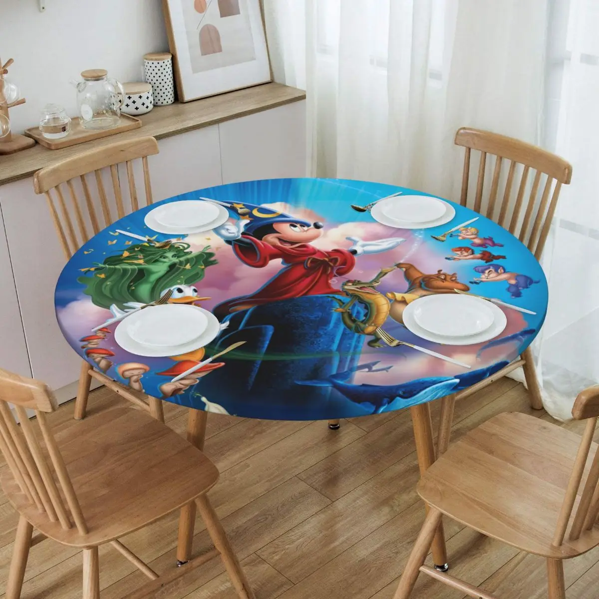 Customized Disney Fantasia Movies Mickey Mouse Anime Music Tablecloth Round Elastic Waterproof Table Cover Cloth for Dining Room