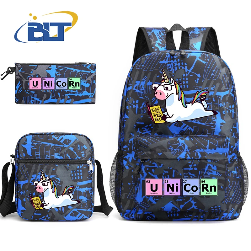 Cute Unicorn Print Backpack Set, Student School Bag, Shoulder Bag, Pencil Case, Kids Gift, Casual, 3 pcs