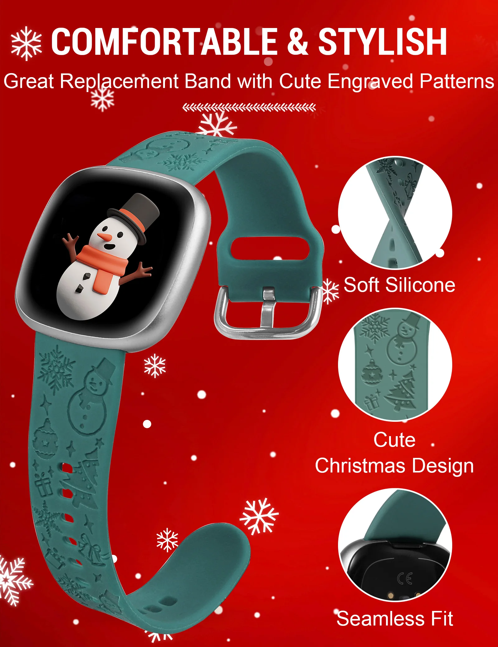 TOYOUTHS Christmas Engraved Watch Band for Fitbit Versa 4/Sense 2/Versa 3/Sense Silicone Snowman Snowflake Christmas Tree Strap