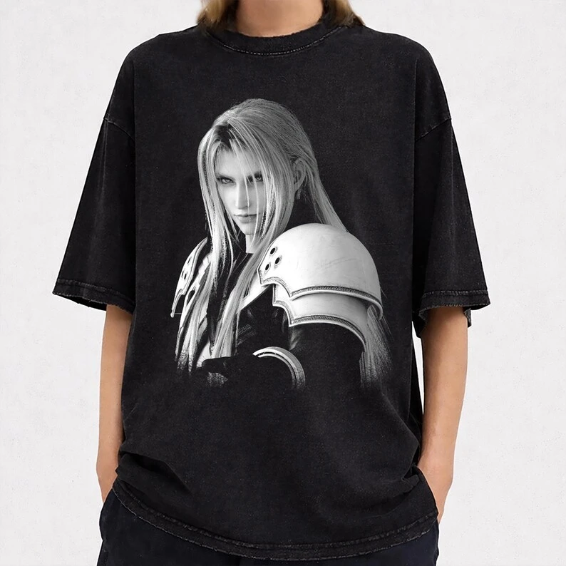 Long Haired Anime Warrior Shirt, Dark Fantasy Character Tee, Black and White Graphic Top, Retro Gamer Fan Gift