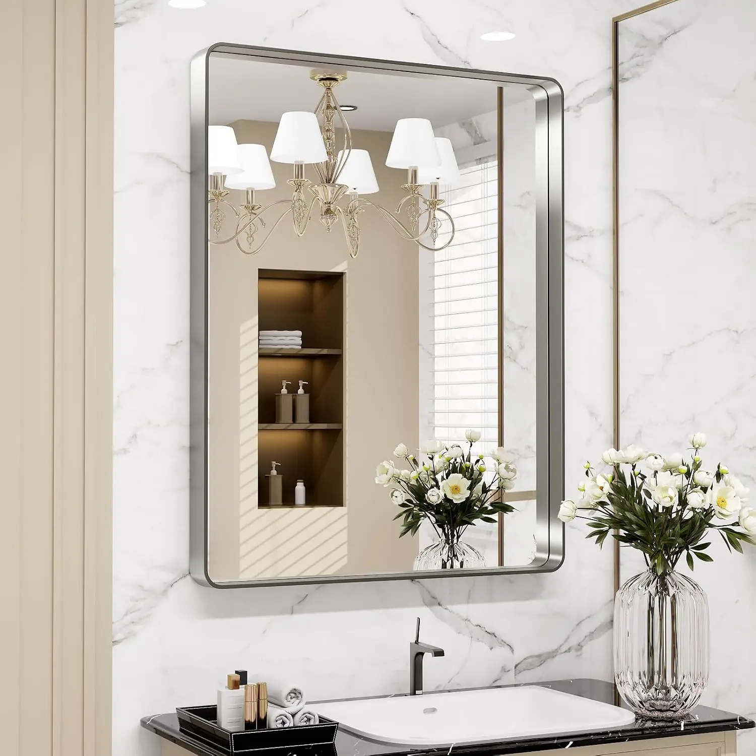 24X30 Inch Brushed Nickel Bathroom Mirror Rounded Rectangle Silver Metal Frame Anti Rust Shatter Proof Hangs Horizontally Vertic