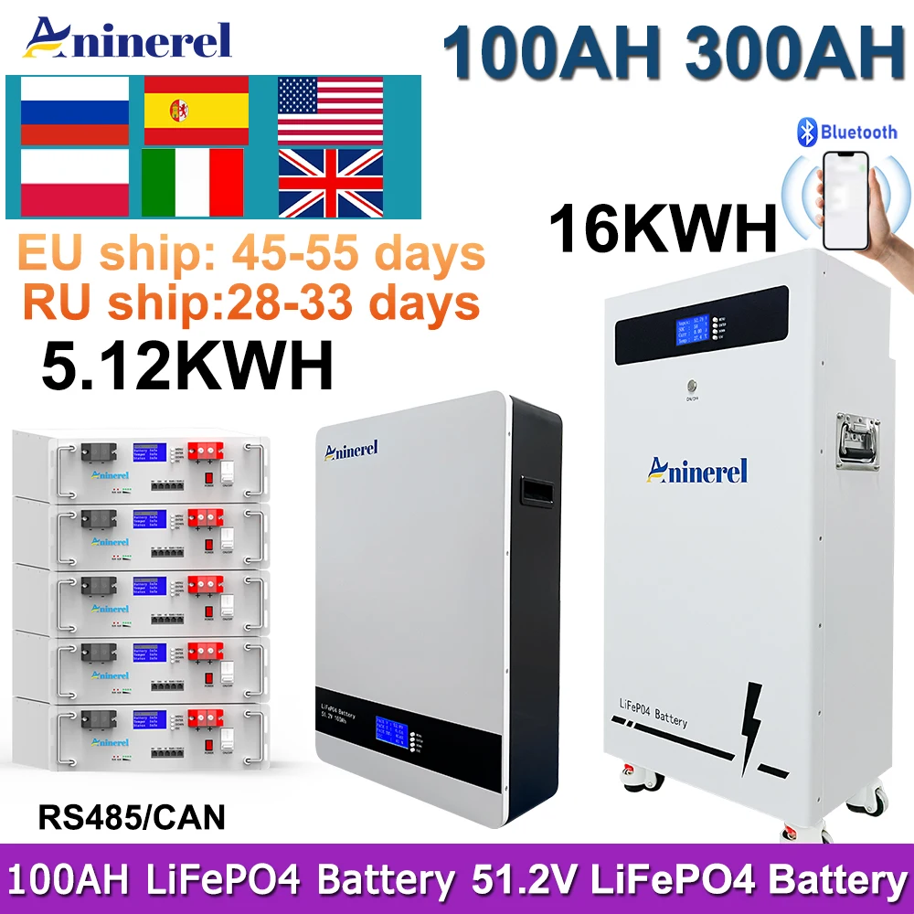Aninerel 51.2V 16KWh 5.12KWh 314AH 100AH LiFePO4 Battery Pack Powerwall BMS 200Ah Supports 15 Units Parallel Solar System
