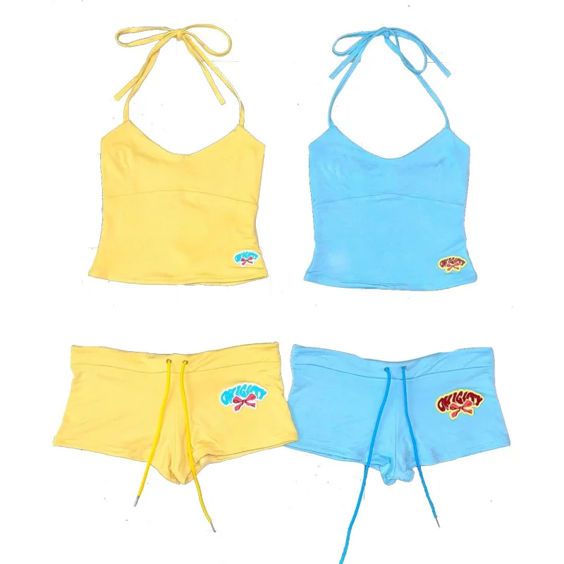 Y2K Sommer Dopamin Sexy Hot Girl Strand-Trägertop Amerikanische Super-Shorts Zweiteiler-Set
