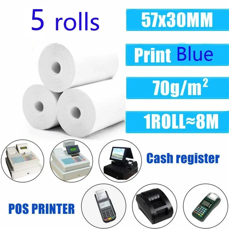 Papier termiczny 57x30mm drukarka POS niebieska czcionka 5 rolek Mini mobilna Bluetooth kasa fiskalna rolkę papieru rachunek papier do druku