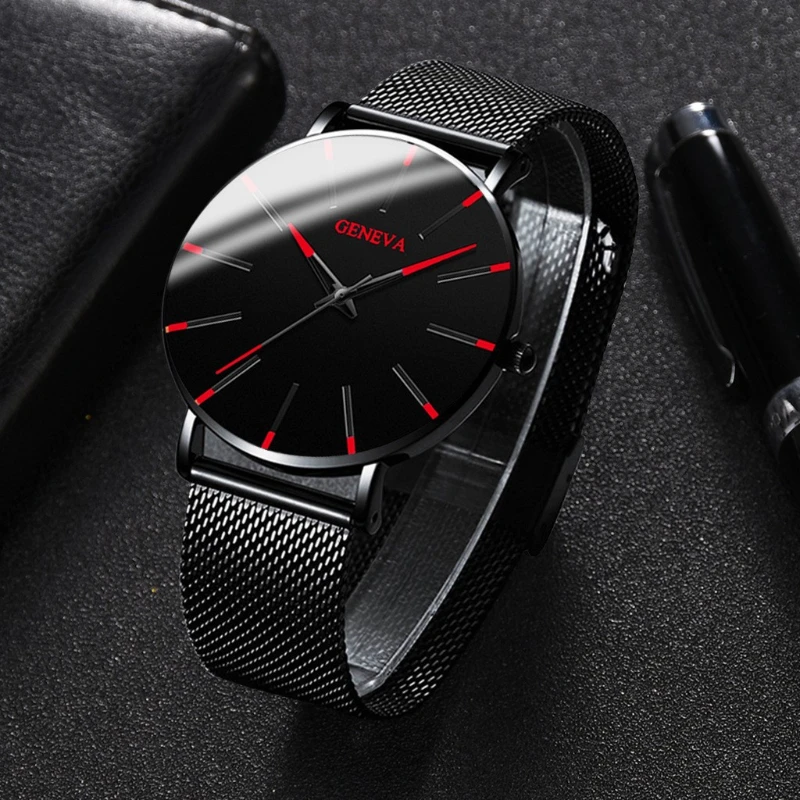 Fashionable men's ultra-thin watch, men's business stainless steel mesh strap quartz watch