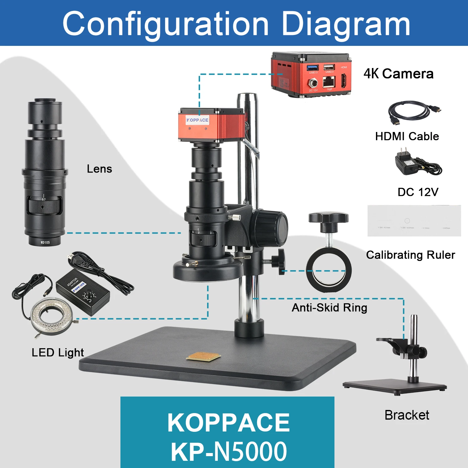 KOPPACE 22X-155X HD 4K Electron Microscope HDMI output supports photography,video recording,and Measurement