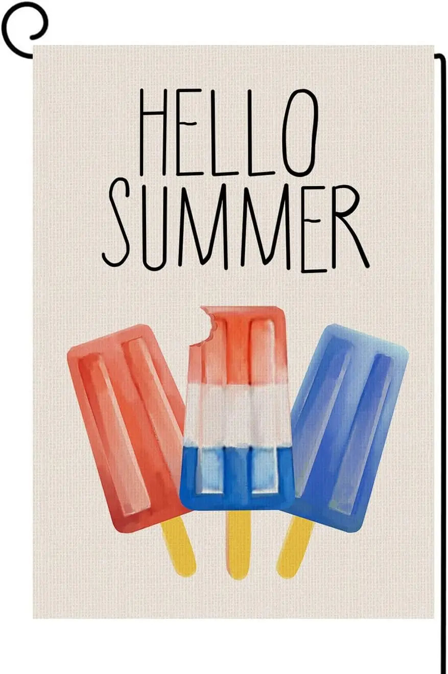 Hello Summer Popsicles Garden Flag Vertical Double Sided Red Blue Watercolor Burlap Yard Flag, Seasonal Rustic Yard Outdoor  zzo