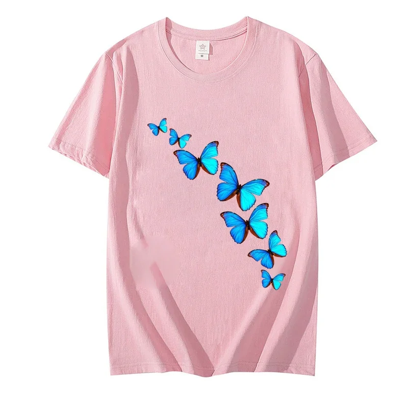 Camiseta a la moda para mujer, ropa con estampado de mariposa, pantalón corto informal diario, camiseta de manga corta, ropa de calle sencilla con cuello redondo para verano para mujer