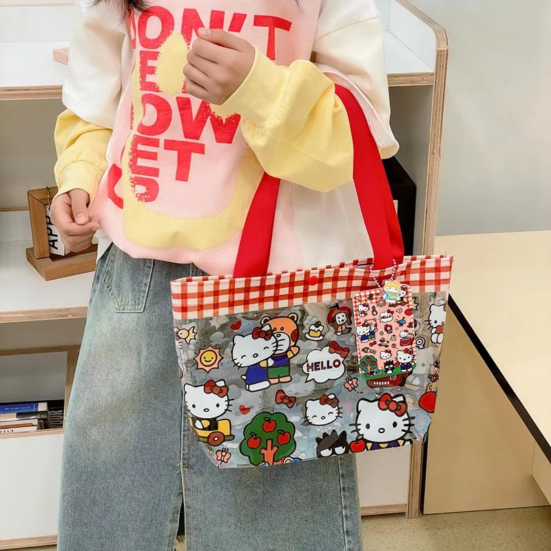

Kawaii Cartoon Red Hello Kitty Handbag Girl Cute PVC Transparent Large Capacity Portable Makeup Bag Storage Bag