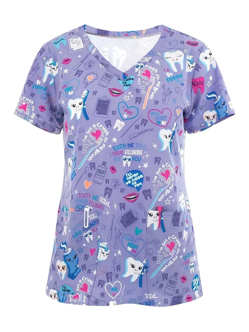 Mulheres decote em v anti-rugas Scrubs Workwear, uniformes médicos, Top de enfermagem, tecido macio, lavável, médico, hospital, impressões 3D, venda quente