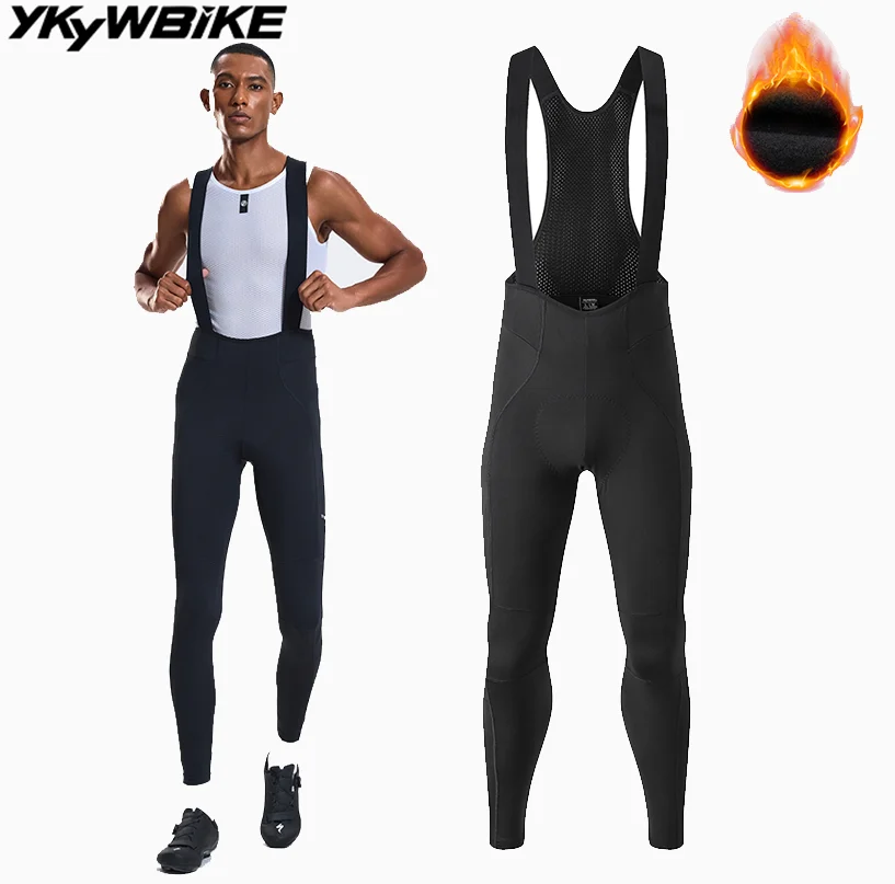 

YKYWBIKE 2025 мужские 10-20 ° C велосипедные нагрудники, зимние термофлисовые теплые велосипедные одежды, дорожные велосипедные нагрудники, длинные брюки для верховой езды