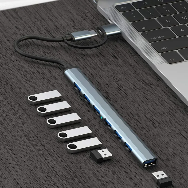 7 Port Multiport USB Hub, 1 USB3.0 & 6 USB2.0 Type‑C Splitter 5Gbps High‑Speed Adapter for PC Computer Accessories