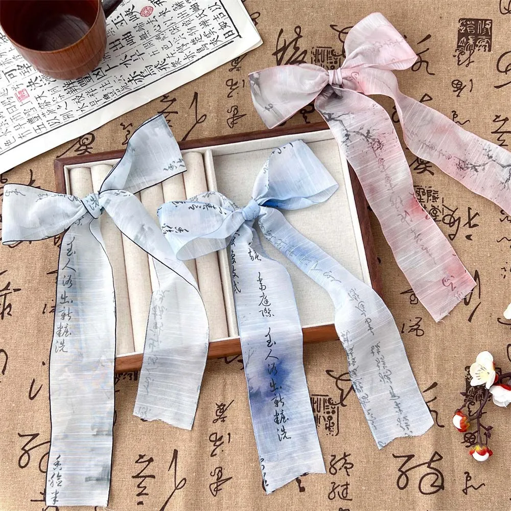 Cloth Chinese Style Ribbon Hair Clip Headwear Ponytail Clip Antique Ink Bow Hairpin Duckbill Clip Antique Ink Mountain Paint