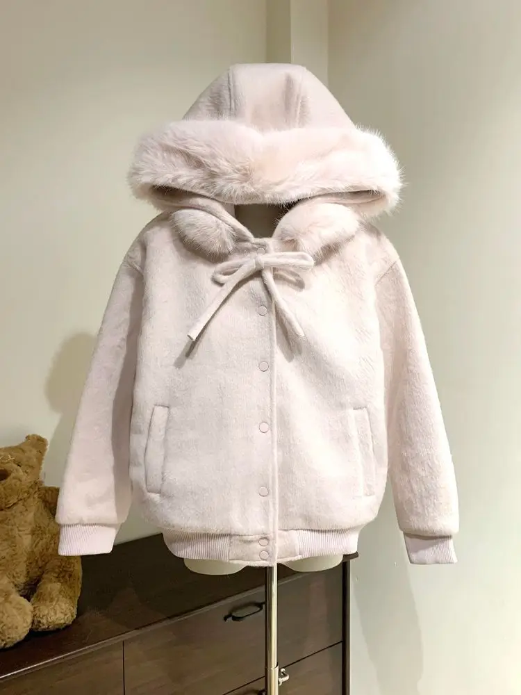 

Winter Korean Sweet Pink Hooded Jacket Women Elegant Harajuku Bow Fur Collar Hoodies Female Streetwear Casual Loose Clothes 2025