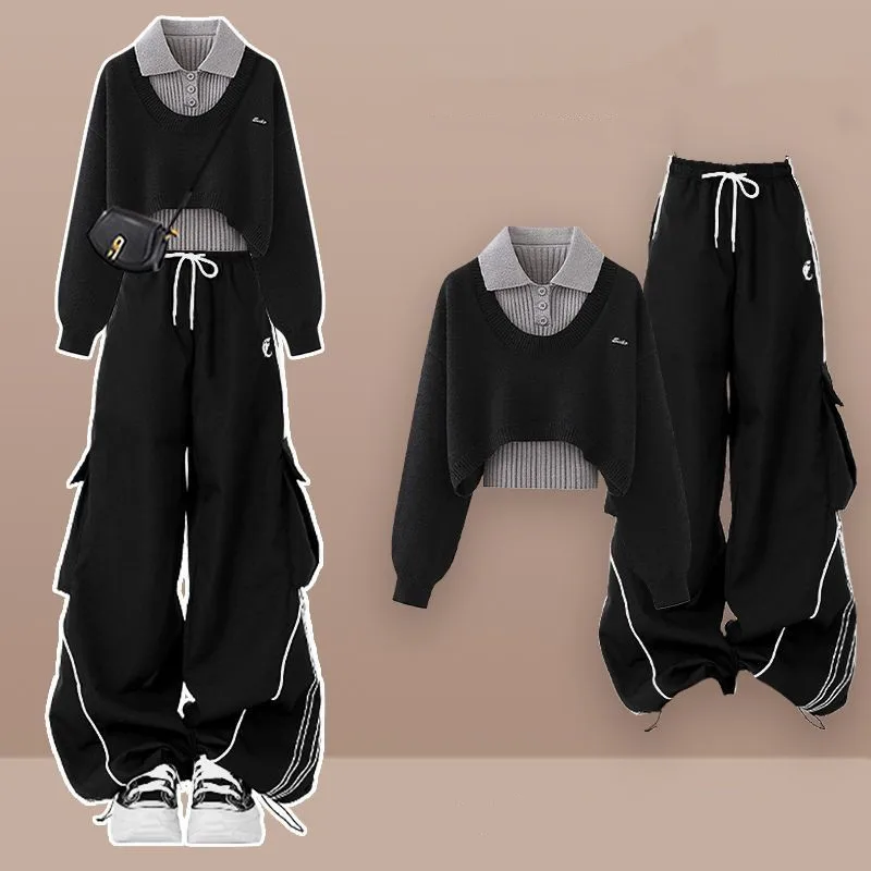 

Girl's Autumn Winter New Chic Casual Tracksuit Matching Set 2025 Korean Elegant Hooded Jacket+loose Cargo Pants Two-piece Suit