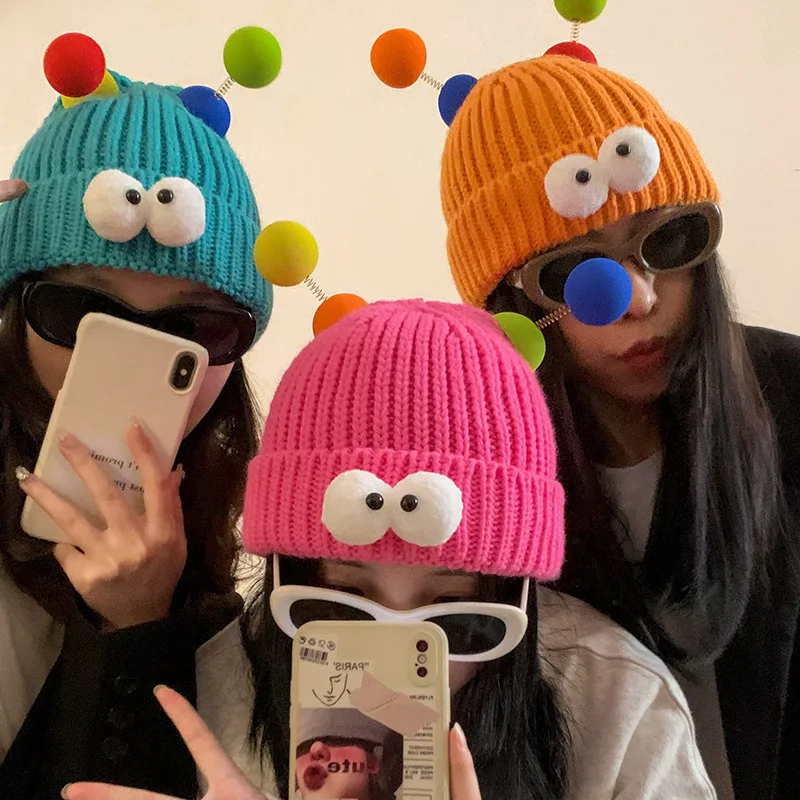 New Cute Cartoon Big Eyes Beanies Caps Women Korean Funny Couple Knitted Hat Y2k Fashion Winter Warm Cold Cap For Party