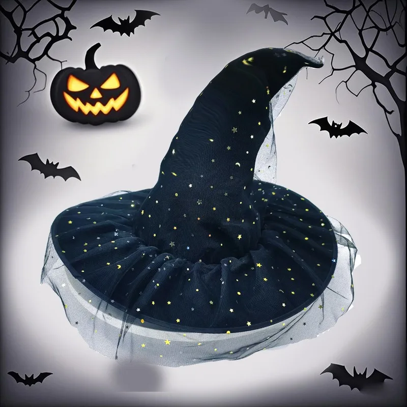 

Halloween Witch Hat with Curved Brim & Crinkle Velvet, Gothic Mesh Veil for Women Warlock Costume Accessory Fabric Material