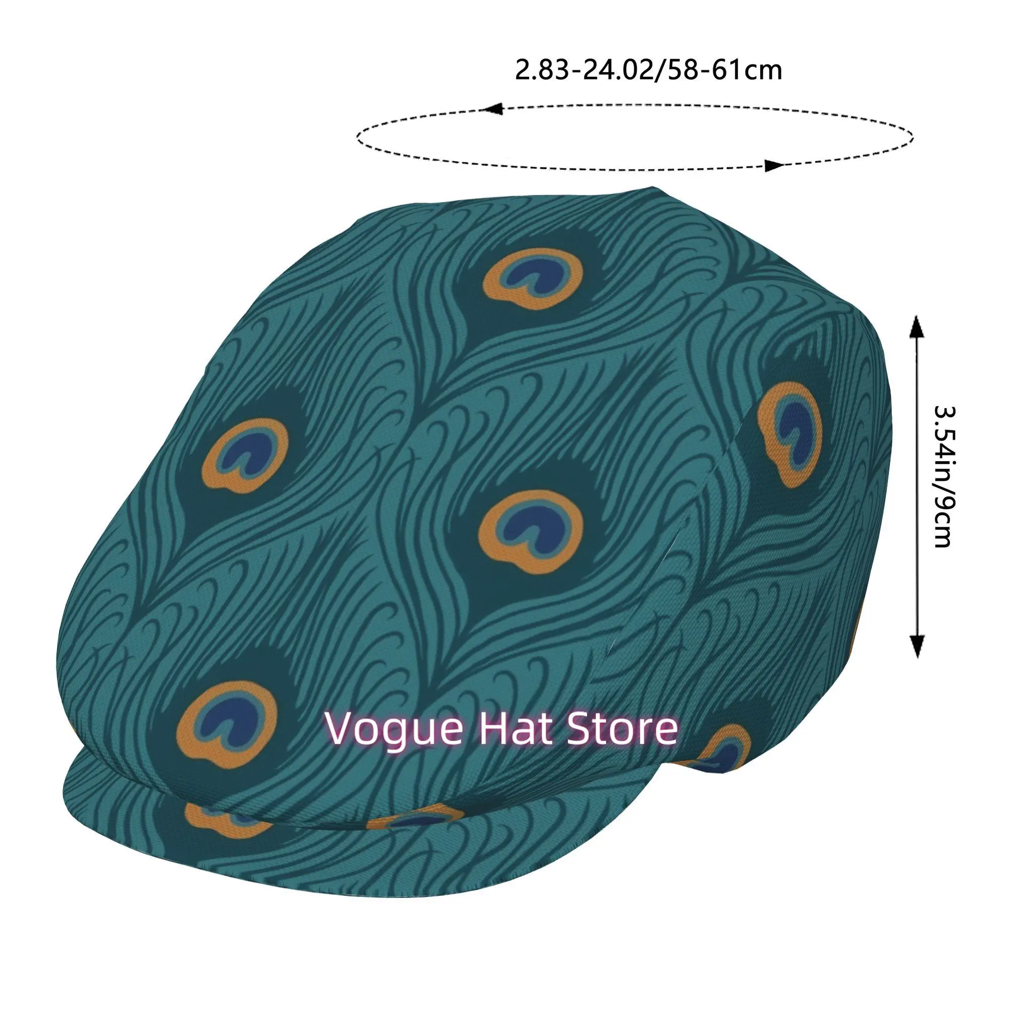1pc Men's & Women's Elegant Turquoise Blue & Golden Peacock Feather Beret Hat - All-Over Printed Retro Newsboy Cap, Adjustable S