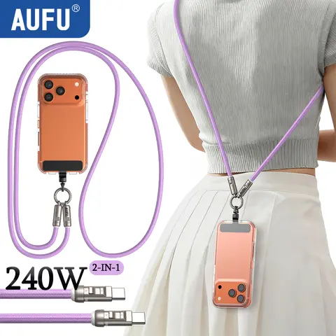 AUFU 2IN1 Type-C To Type-C Fast Charging Cable Long Data Cord with Lanyard 240W PD3.1 USB C Cable For iPhone 17 Samsung iPad Mac