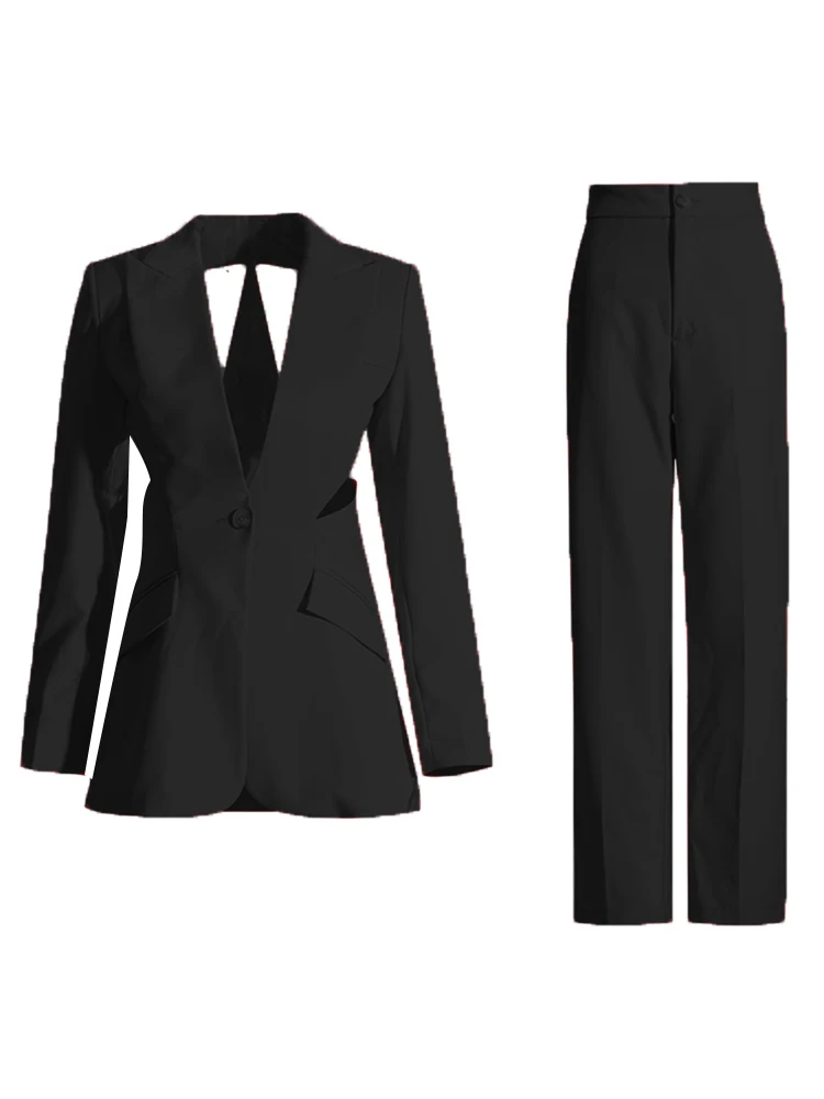 Tweetwinstyle Uitgeholde Tweedelige Sets Voor Dames Met Inkepingen En Lange Mouwen Blazer Hoge Taille Afslankende Broek Effen Set Dames Nieuw