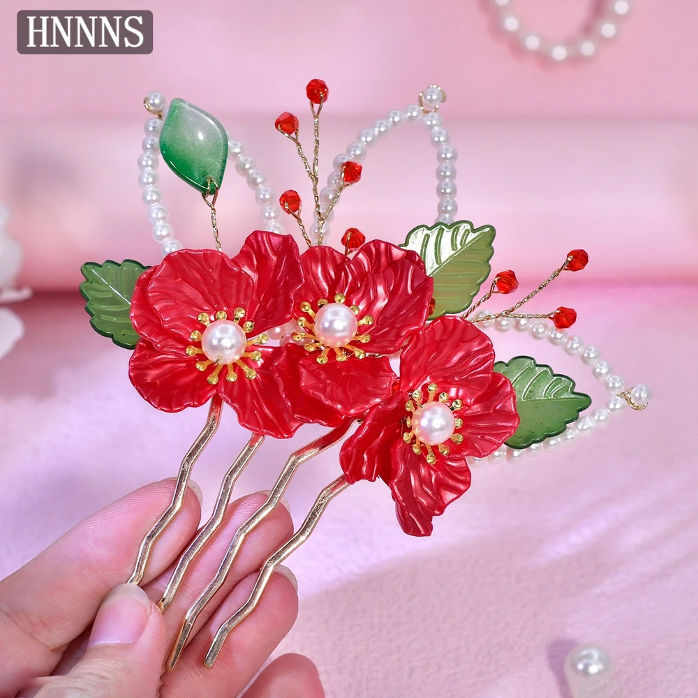 

HNNNS Red Peony Hairpin For Girl Vintage Chinese Style Flower Hair Comb Handmade Metal Jewelry Hair Accessory Hanfu Comb A396