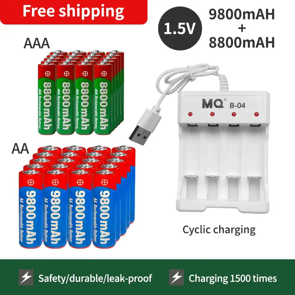 

NEW 1.5V AA9800mAh+AAA8800mAh+USBcharger 1.5V, Rechargeable Nickel Hydrogen Battery, Used for Electronic Toys, Camera Batteries