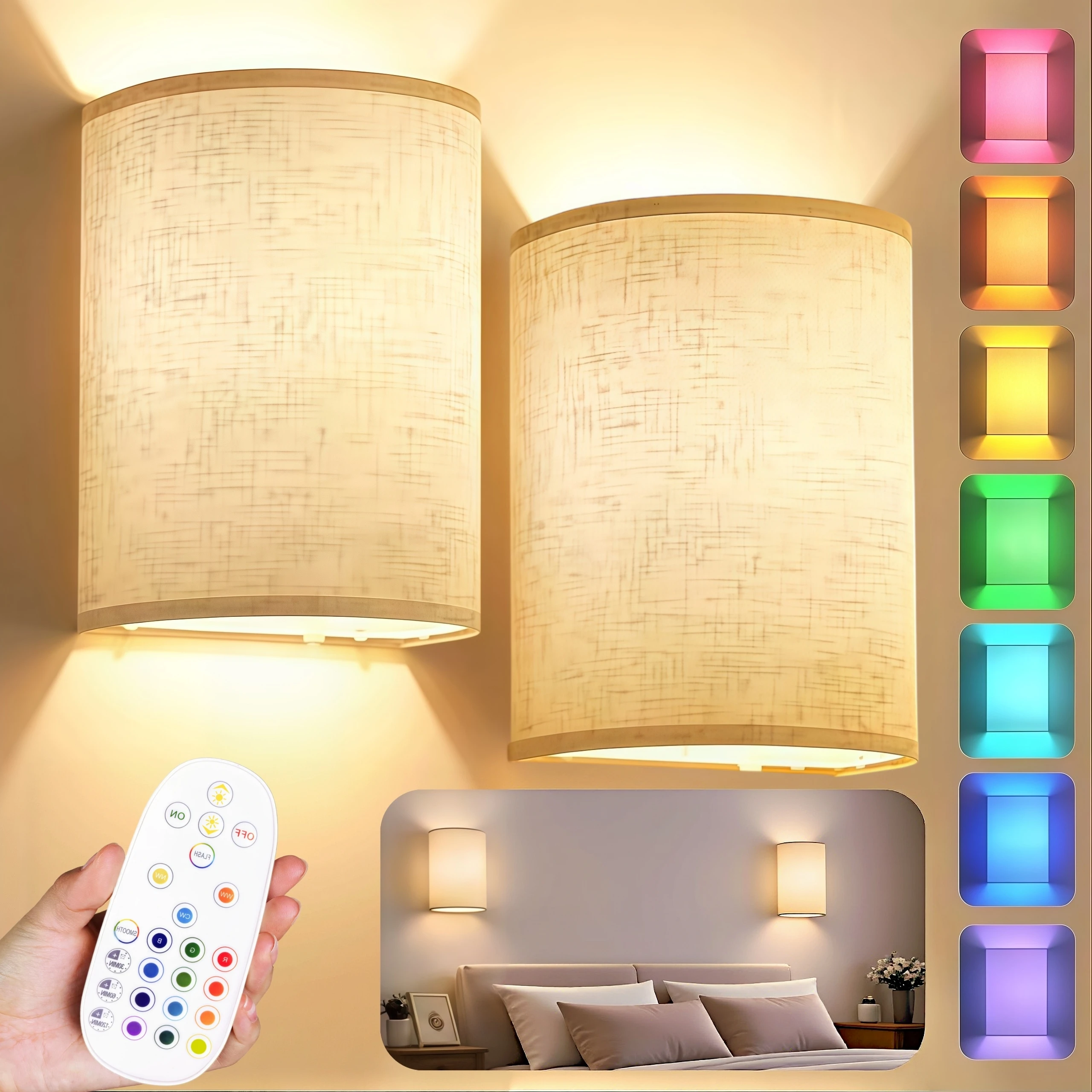 Rechargeable Wall Lamp Magnetic Wireless Light Set Rgb Color Dimmable with Fabric Linen Lampshade and Remote Control, Suitable for Bedroom, Living Room, Hallway