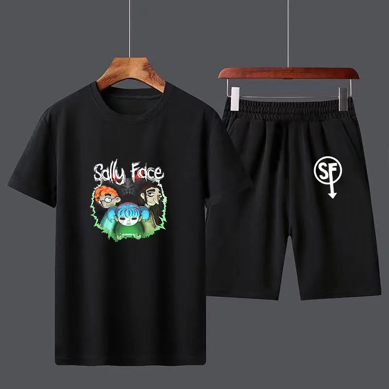 Hot Sally Face Cotton Men's T-shirt Shorts Sets Breathable Casual T shirt Running Set Boys Harajuku Male Streetwear Tops