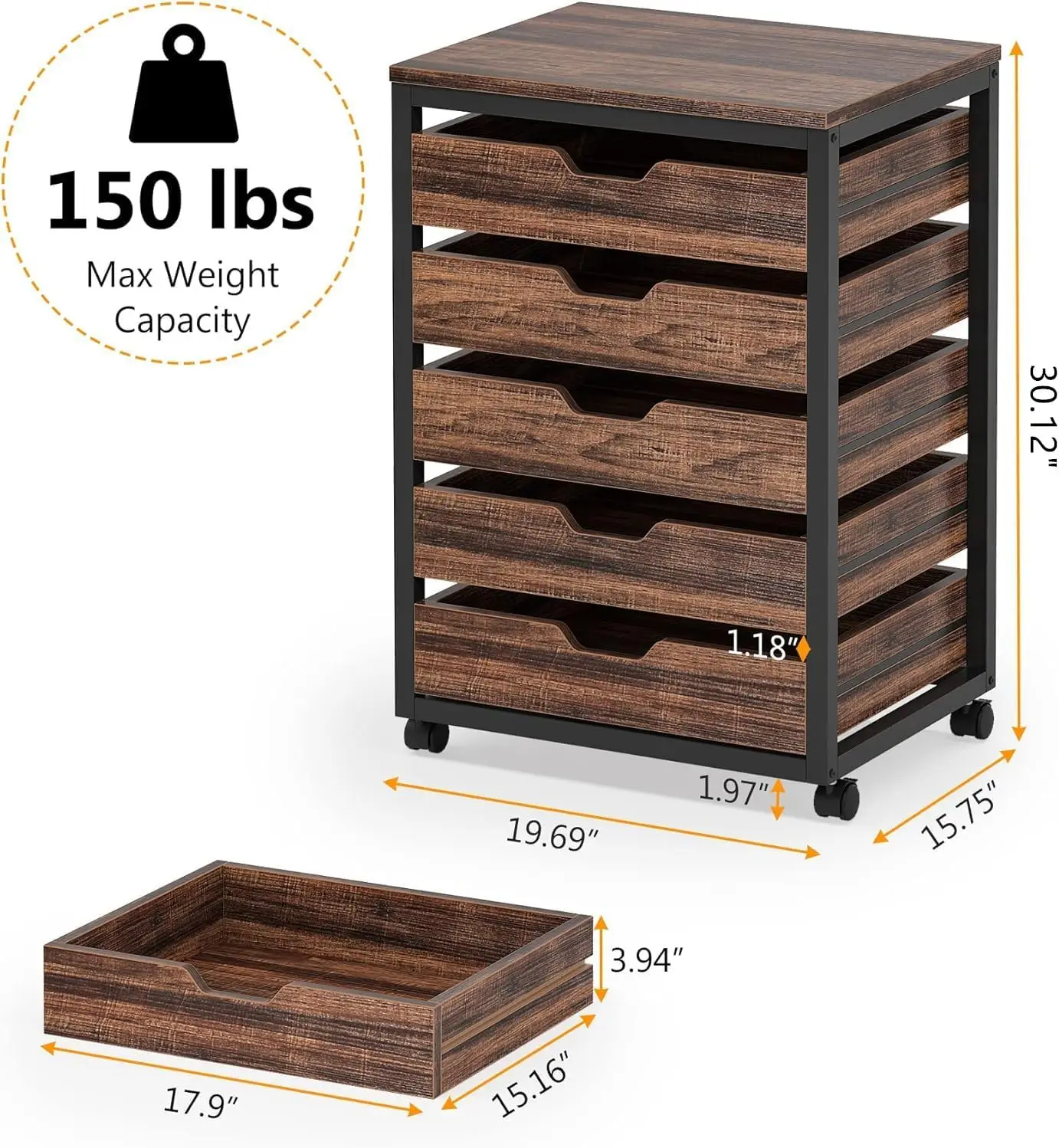 

5 Drawer Chest, Wood Storage Dresser Cabinet with Wheels, Industrial Storage Drawer Organizer Cart for Office Bedroom Entryway